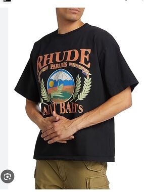 Rhude Black Graphic Tee with Multicolor Beach Emblem